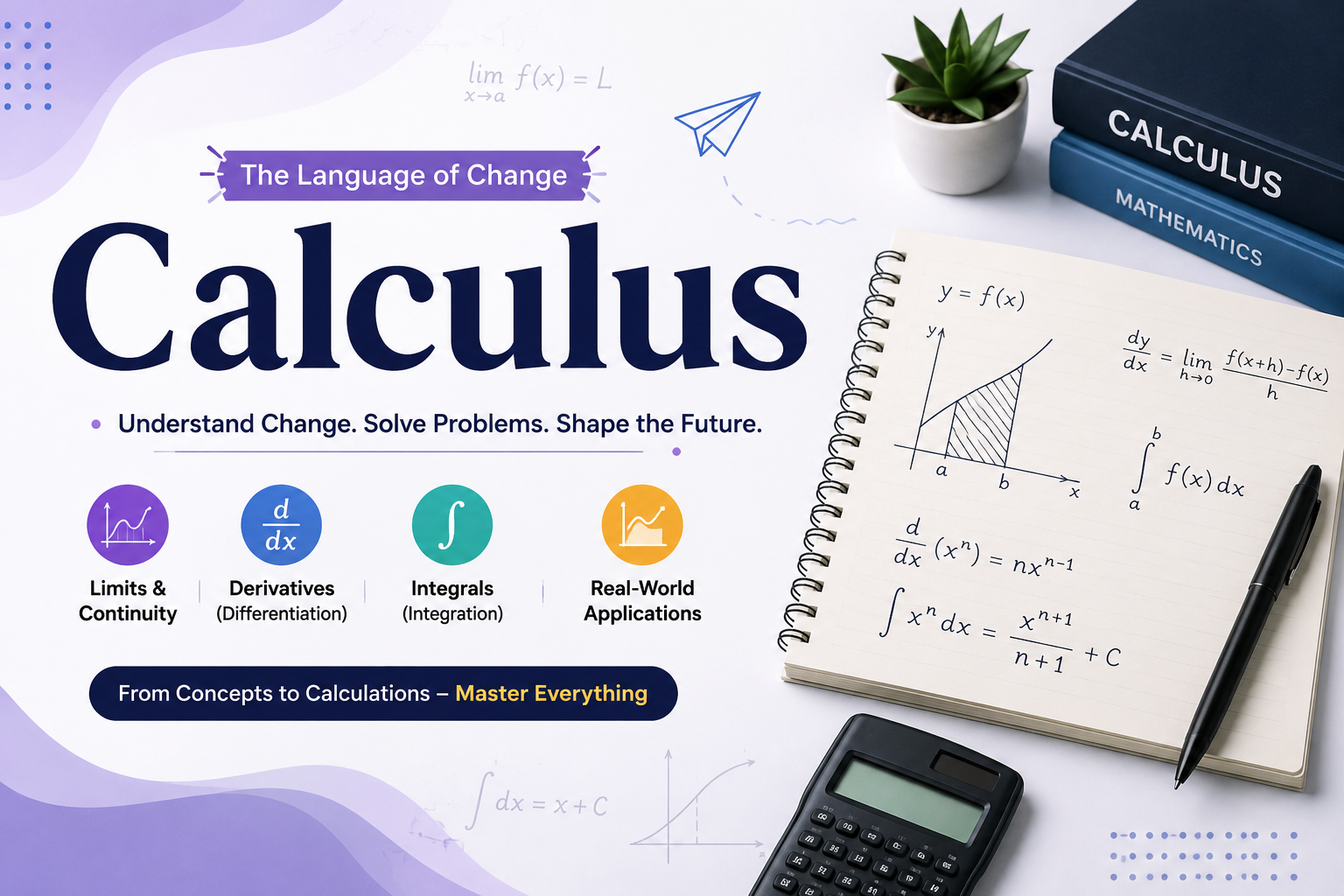 Calculus: A Complete Guide to Limits, Derivatives, Integrals, and Real-World Applications for Students and Beginners